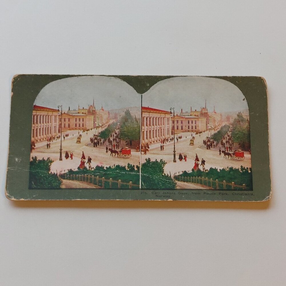 ANTIQUE STEREOGRAPH CARD Carl Johans Gade from Palace Park Christiania Norway